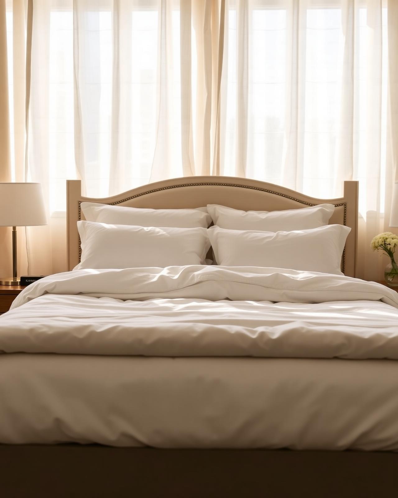 Freshly made bed with hotel-fold linens